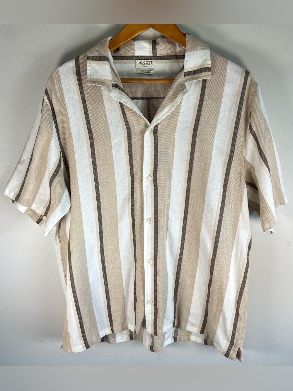 Alcott Resort Men’s Short Sleeve Camp Collar Shirt Size L Linen Blend Beige EUC